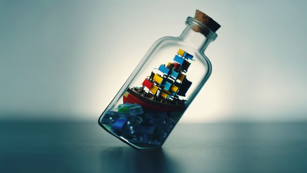 lego ship in a bottle placed on a table
