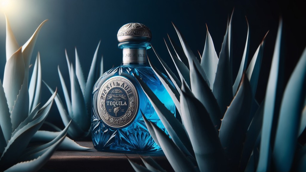  blue tequila bottle with plants 